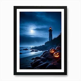 Jack O Lanterns Emanating Ethereal Glow Arrayed On A Shadowy Beach Misty Coastal Backdrop Myster 2 1 Art Print