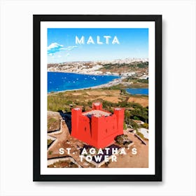 Malta, St.Agatha's tower/Red tower — Retro travel minimalist poster Art Print