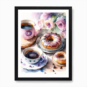 Donuts And Tea, Tablescape Cute Neon 3 Art Print