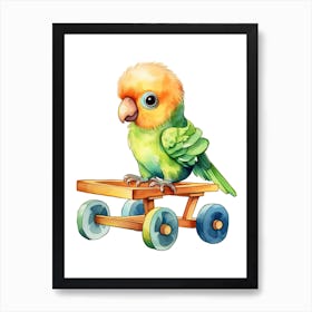 Baby Parrot On A Toy Car, Watercolour Nursery 3 Art Print