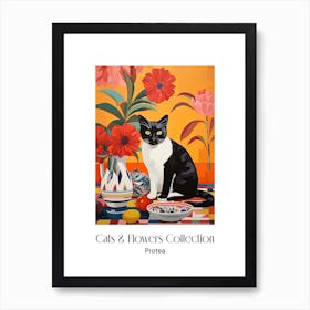 Cats & Flowers Collection Protea Flower Vase And A Cat, A Painting In The Style Of Matisse 1 Art Print