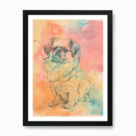 Pekingese Dog Pastel Line Watercolour Illustration  3 Art Print