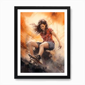 Girl Skateboarding In Vancouver, Canada Watercolour 1 Art Print