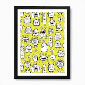 Happy Funky Monsters and Aliens Black and White on Yellow Kids Art Print