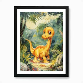 Cute Storybook Dinosaur In The Leaves Painting 1 Art Print