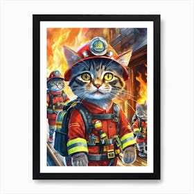 Firefighter Cats 2 Art Print