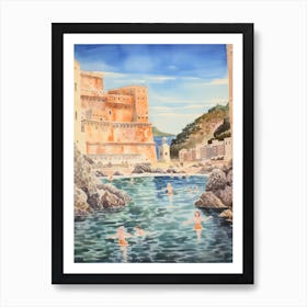 Swimming In Dubrovnik Croatia Watercolour Art Print