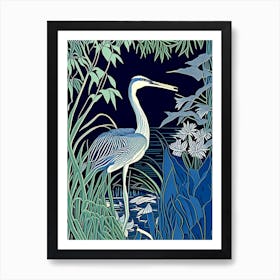 Blue Heron In Garden Vintage Linocut 1 Art Print