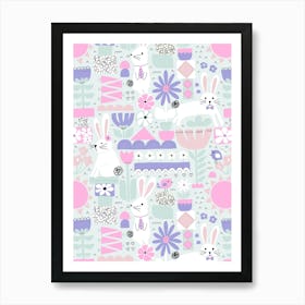 Cute Easter Bunnies and Birds Cut Out Collage Mint Green, Purple, Pink Kids Art Print