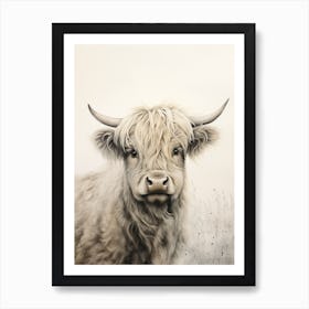 Black & White Ink Painting Of Highland Cow 3 Art Print