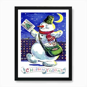 Happy Snowman With New Year Letters, Vintage Soviet Holiday Poster Art Print