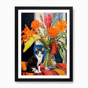 Tulip Flower Vase And A Cat, A Painting In The Style Of Matisse 2 Art Print