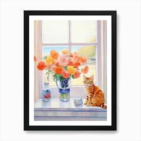 Cat With Freesia Flowers Watercolor Mothers Day Valentines 1 Art Print