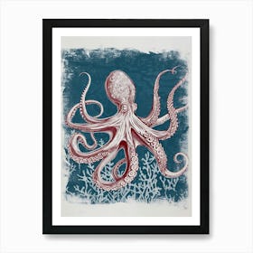 Detailed Octopus On The Ocean Floor Linocut Inspired 4 Art Print