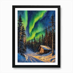 The Northern Lights - Aurora Borealis Rainbow Winter Snow Scene of Lapland Iceland Finland Norway Sweden Forest Lake Watercolor Beautiful Celestial Artwork for Home Gallery Wall Magical Etheral Dreamy Traditional Christmas Greeting Card Painting of Heavenly Fairylights 10 Art Print