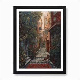 Painting Of Istanbul With A Cat In The Style Of William Morris 2 Art Print