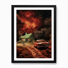 1950s Retro Inspired Creepy Halloween Scene Green House and Car Art Print