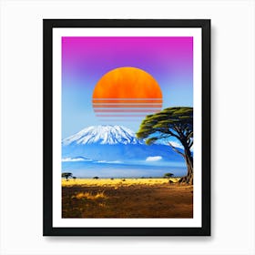 Synthwave sunset & mountain. Africa, Kilimanjaro — synthwave collage, space poster Art Print