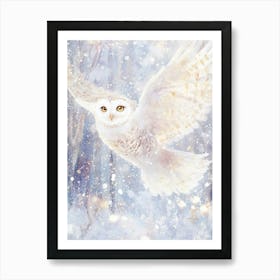 Snowy Flying Owl with Spread Wings. Watercolor Art Print