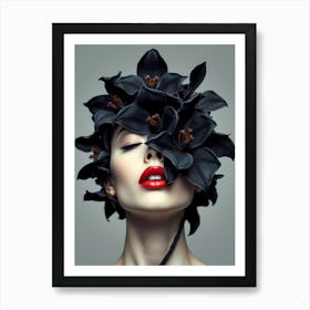 Woman with Black flowers in her head Art Print