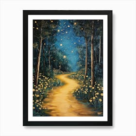 A Starry Night Forest Path Illuminated By Fireflies, With Yellow Flowers And Tall Trees Art Print