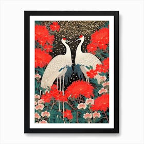 Red Spider Lily And Cranes Vintage Japanese Botanical Art Print