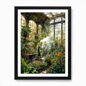 The Botanist ~ Witchy Art Print ~ Botany Witch in Grand Greenhouse Casting Spells With Plant Allies ~ Plant Witch, Green Witch Anime Japanese Inspired Cute Witch Pagan Cottagecore Witchcore Flowers Smoke Witchcraft Art Print