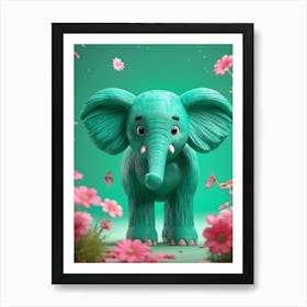 Turquoise Elephant Calf Characterized By Roundness And Cuteness Animates Amongst A Forest Flush Wi Art Print