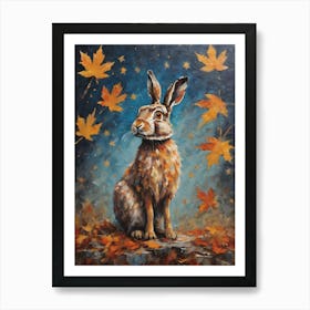 Cottagecore Adult Hare in Autumn Forest - Acrylic Paint Little Fall Rabbit Bunny Bunnies Art with Falling Leaves at Night on a Full Moon, Perfect for Witchcore Cottage Core Pagan Tarot Celestial Zodiac Gallery Feature Wall Beautiful Woodland Creatures Series HD Art Print