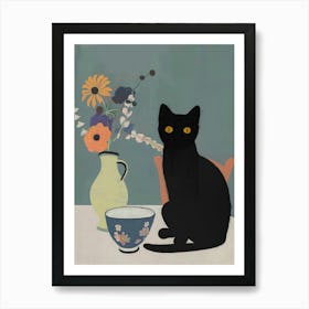 Black Cat Print Still Life With Flowers And Tea Funny Art Print