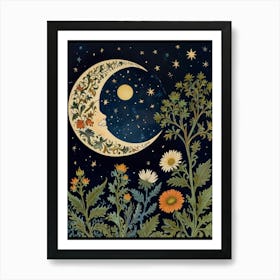 Moon And Flowers Style William Morris 2 Art Print 3 Art Print