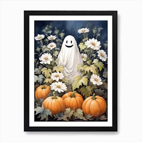 Cute Bedsheet Ghost, Botanical Halloween Watercolour 146 Art Print