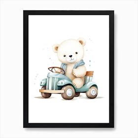 Baby Polar Bear On A Toy Car, Watercolour Nursery 3 Art Print