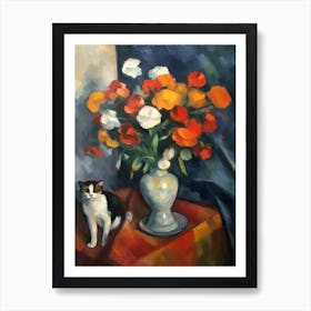 Flower Vase Anemone With A Cat 4 Impressionism, Cezanne Style Art Print