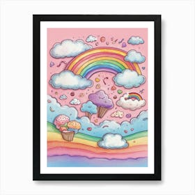 Rainbow, Clouds And Cupcakes Art Print