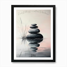 Stacked Zen Stones And Gentle Stream, soft palette watercolor minimalist Calm Poster Art Print