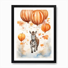 Zebra Flying With Autumn Fall Pumpkins And Balloons Watercolour Nursery 4 Art Print