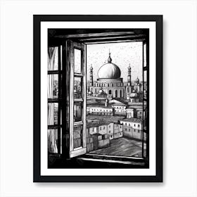 Window View Of Moscow Russia   Black And White Colouring Pages Line Art 1 Art Print