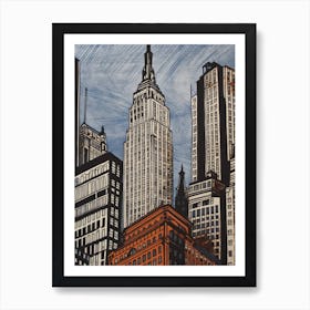 Empire State Building New York City, United States Linocut Illustration Style 3 Art Print