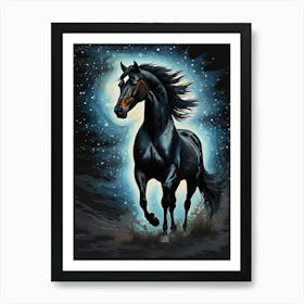 Black Horse In The Night Sky Art Print