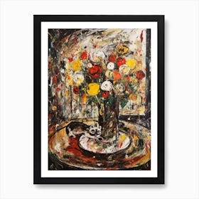 Lisianthus With A Cat 3 Abstract Expressionism  Art Print
