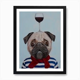 Pug With Wineglass Blue & Brown Art Print