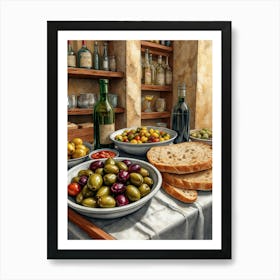 Olives And Bread Art Print