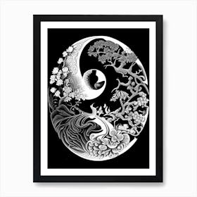 Black And White Yin and Yang 3 Linocut Art Print