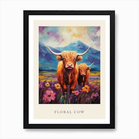 Colourful Floral Highland Cows Impressionism Style Art Print