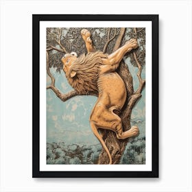 African Lion Relief Illustration Climbing A Tree 2 Art Print