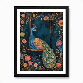 Folky Floral Peacock At Night On A Wooden Swing Art Print