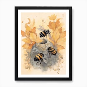 Black And Gold Bumble Bee Beehive Watercolour Illustration 4 Art Print