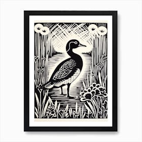 B&W Bird Linocut Coot 1 Art Print