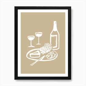 Wine and Cheese Aperitif Kitchen Illustration - White Beige Art Print